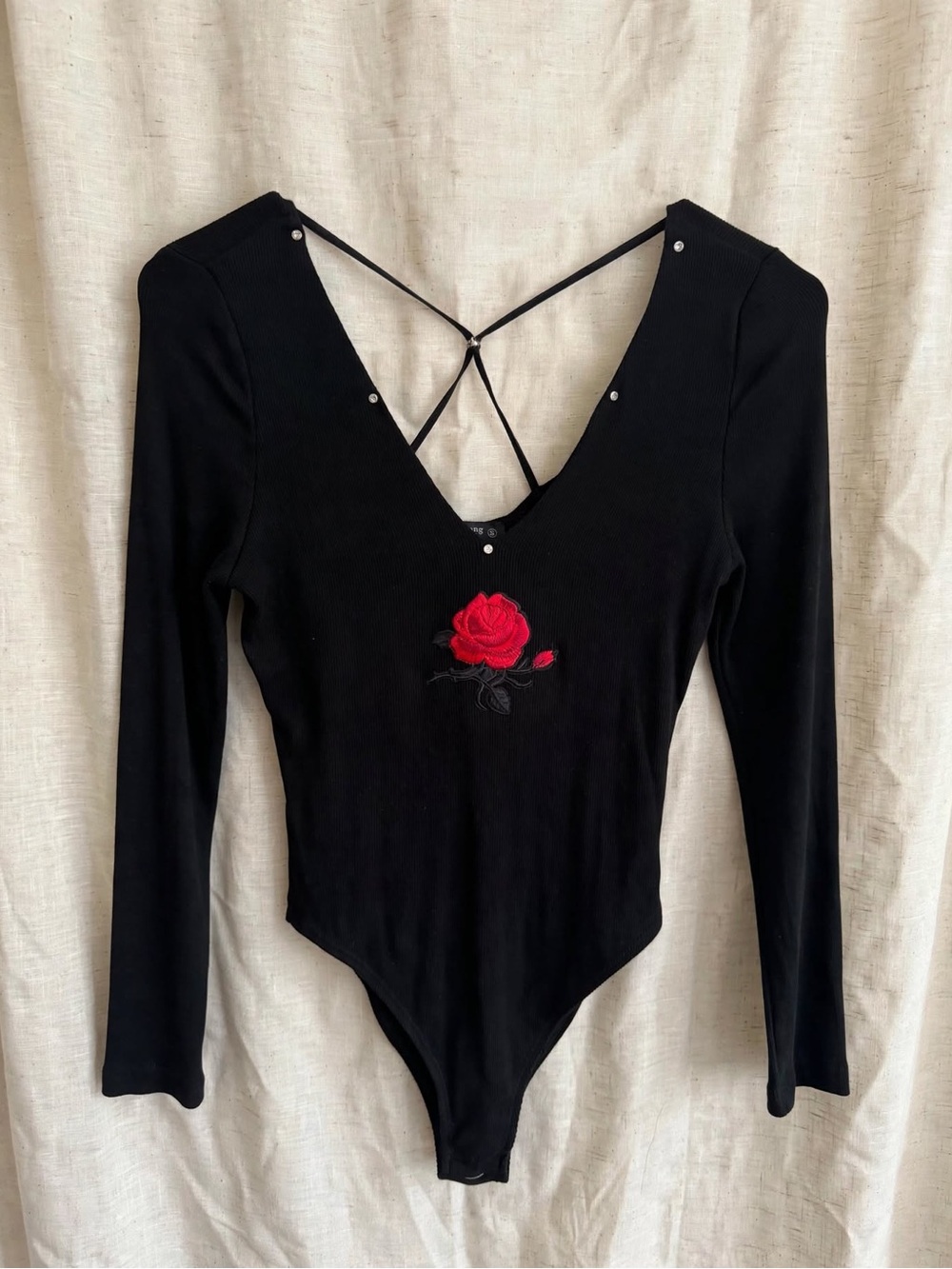 Fashion Nova Black Long-Sleeve Bodysuit with Red Rose Embroidery
